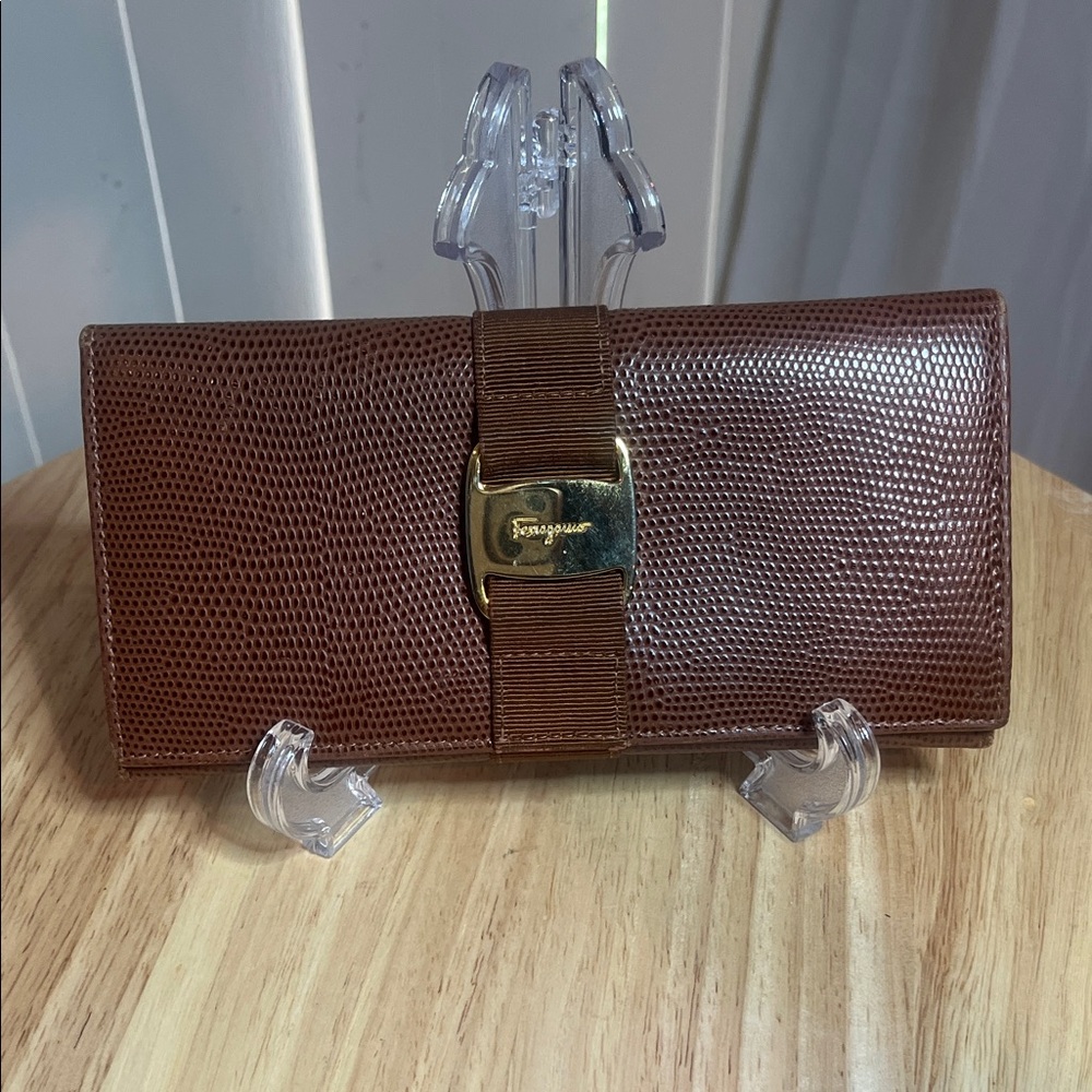 Salvatore Ferragamo Textured Brown Wallet with Gold Clasp
